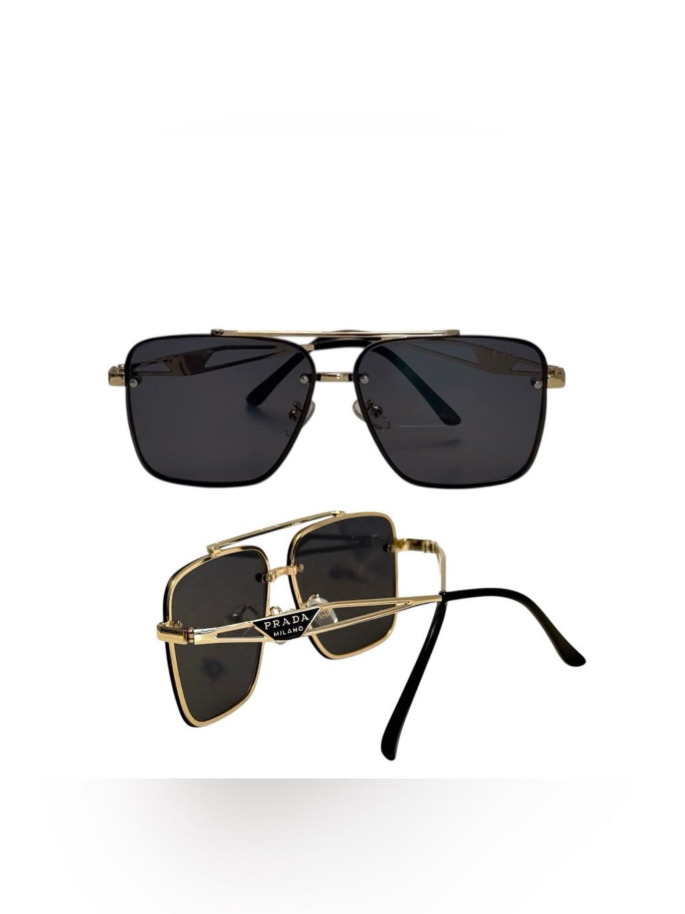 Prada Gold Frame Black Lens Square Aviator Sunglasses-AUTHENTIC WITH BOX